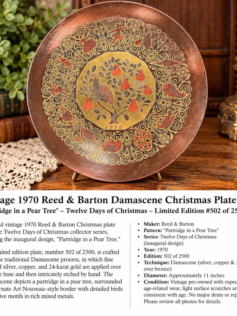 1970 Reed & Barton Damascene Christmas Plate Partridge Pear Tree